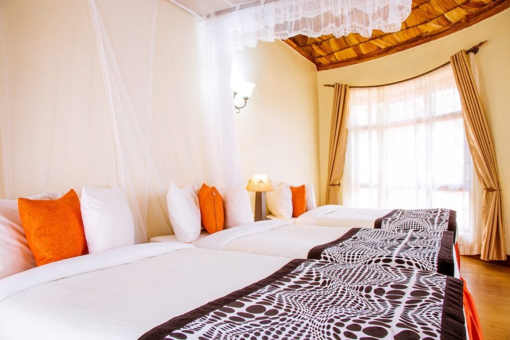 Twin beds under mosquito nets in a guest room at Farm of Dreams Lodge, Karatu